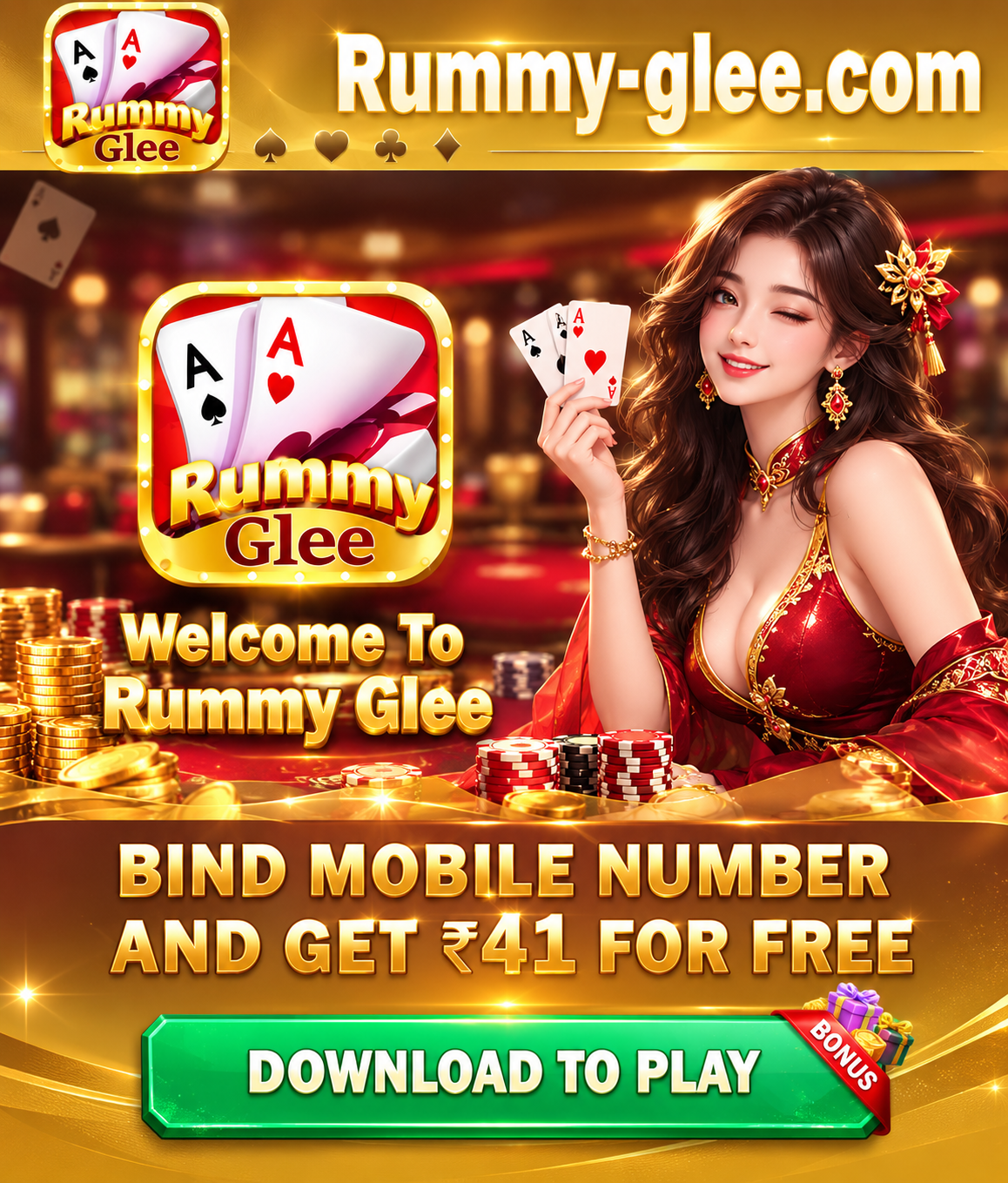 Rummy Glee app interface showing an online rummy game in progress.